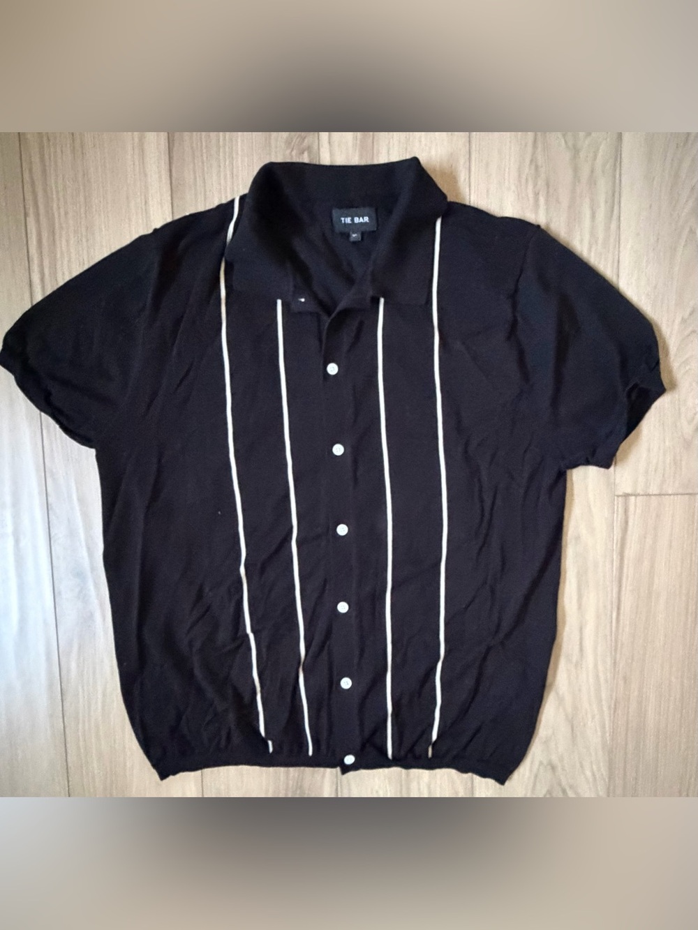 The Tie Bar Retro Sweater Polo Mens Blac White Vertical Striped Cotton Knit - XL